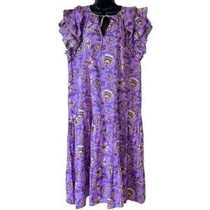 BINDU Silvia Paisley Ruffle Sleeve Cotton Caftan Tiered Midi Dress in Lilac